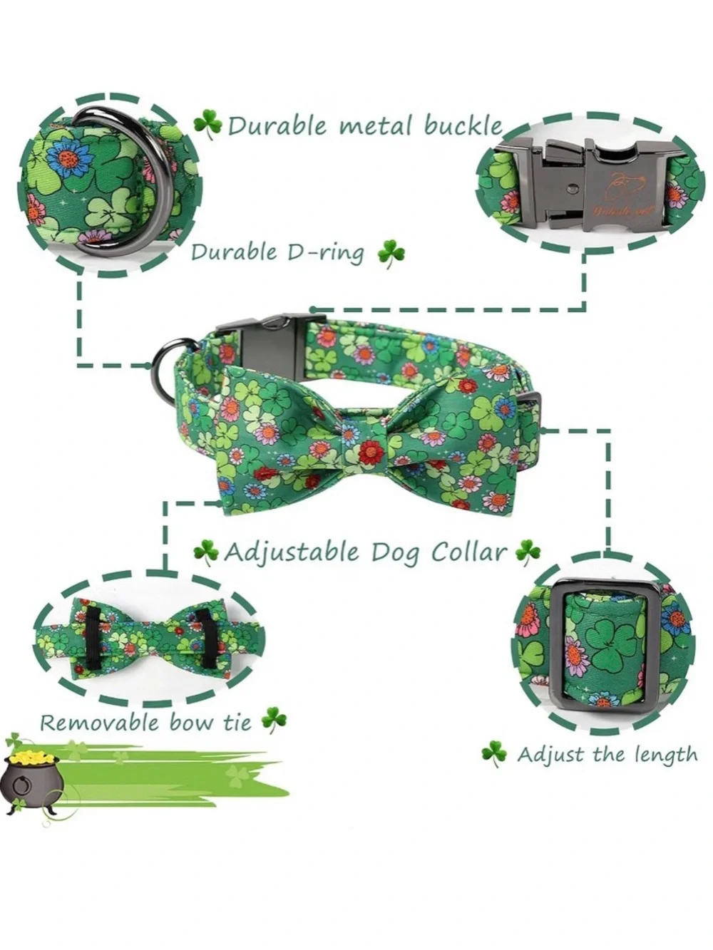 Green Clover Pattern Adjustable Dog Collar with Removable Bow